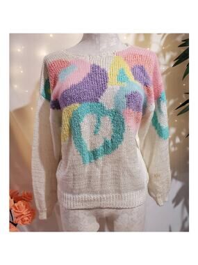 Ginenne VTG 80s Wool Angora Blend Pastel Knit Sweater Womens Size M Crew Neck